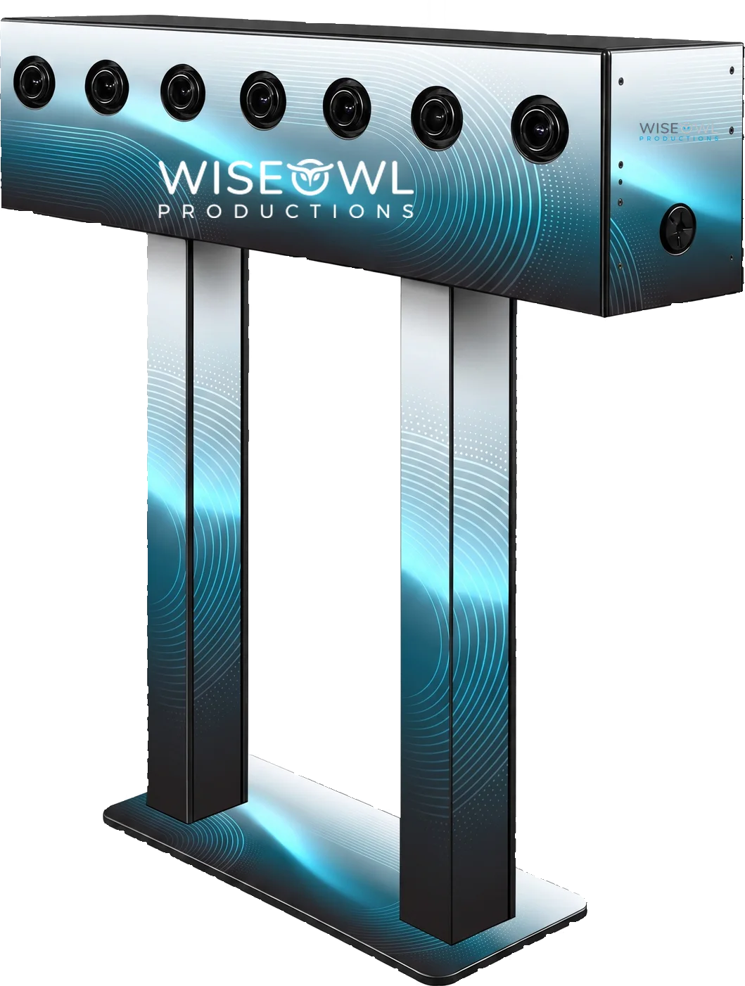 Array multi-camera gantry with seven camera lenses across the top beam, shown in a Wise Owl Productions custom wrap