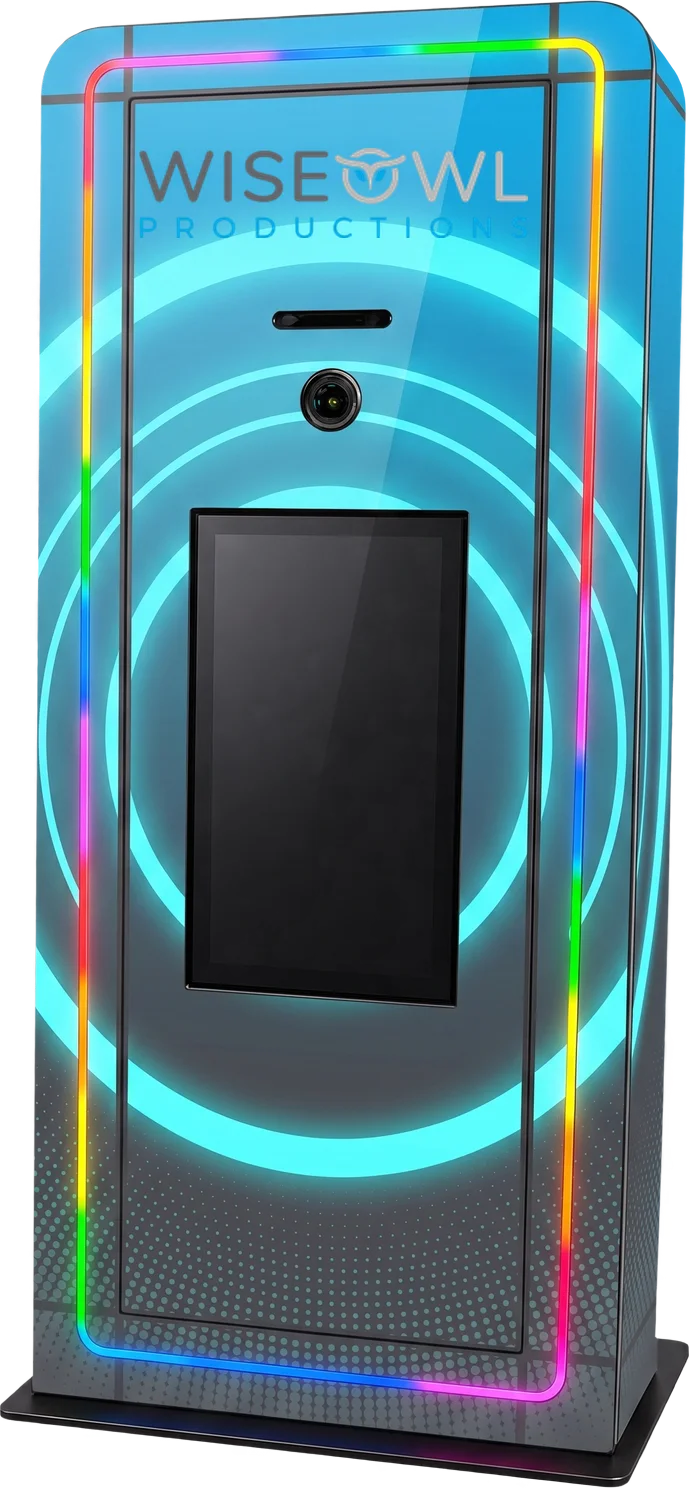 Elevated Kiosk with LED edge lighting, large touch screen, and integrated printer, shown in a Wise Owl Productions custom wrap