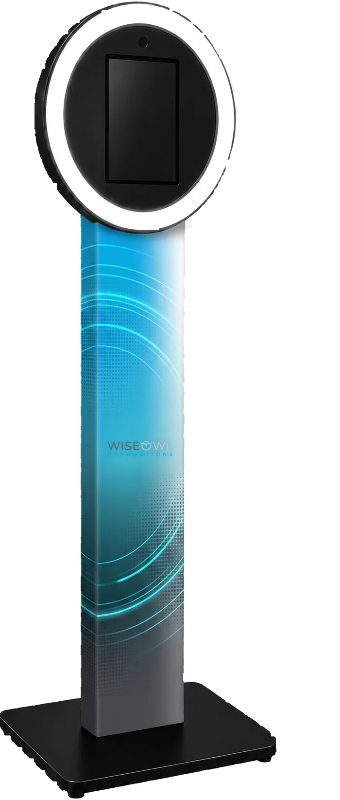 Selfie Station kiosk with halo ring light, shown in a Wise Owl Productions custom wrap