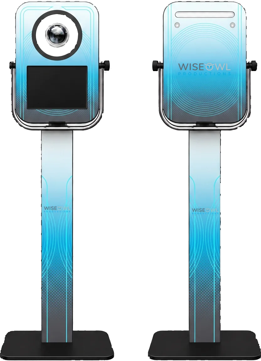 PRO booth, front and back, with adjustable tilting head unit, shown in a Wise Owl Productions custom wrap